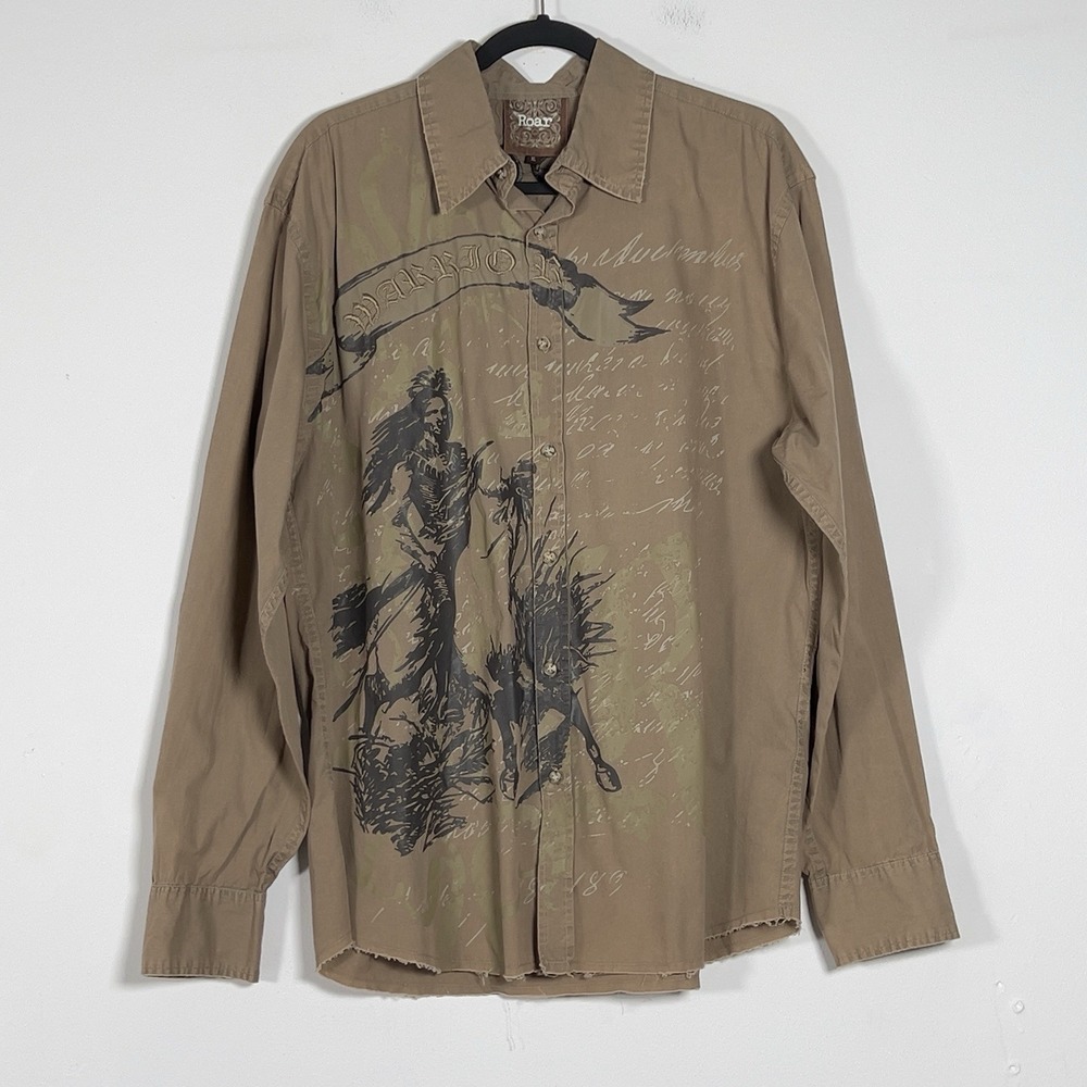 Roar Button Up Graphic Western Rodeo Shirt Sz XL Khaki Embroidered Long Sleeve